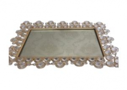 130813 - SUPORTE DE DOCE DOURADO FUNDO  ESPELHADO PEDRAS RETANGULAR 41X29X03CM 