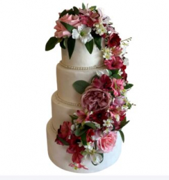 110303 - BOLO BRANCO FLORES MARSALA/ROSA 4 AND. 15X30X58CM