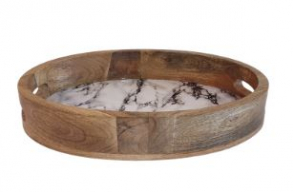 260210 - TRAVESSA OVAL EM MADEIRA E MARMORIZADO 36X25X06CM